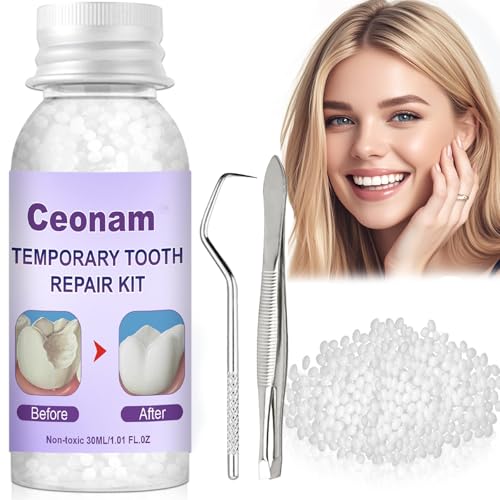 1.0oz / 30ml Moldable Tooth Repair Kit with Stainless Steel Tweezers and Dental Pick, Temporary Tooth Replacement Thermal Beads for Broken or Missing Teeth, Denture Repair, and DIY Oral Care