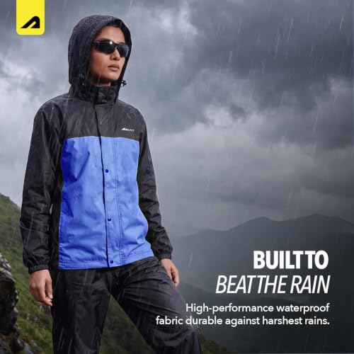 Image of Boldfit Rain Coat for Men Waterproof Raincoat Set for Women with Reflective Trim-Windproof Jacket & Pants Suit with Hood, Pockets & Breathable, Durable Fabric for Outdoor, Travel- Black Blue, M-L
