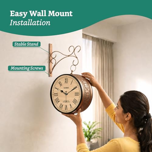 Image of Amazon Brand - Solimo Double Sided Vintage Station Wall Clock, one Side Roman and Other Side Numeral dial (10 Inches, Black with Copper Finish) Metal, Analog