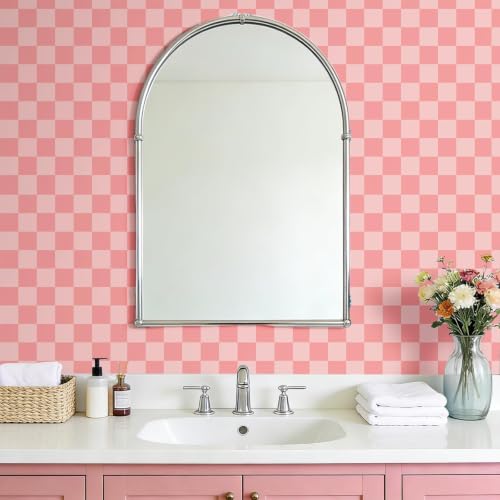 LACHEERY Pink Checkered Wallpaper Peel and Stick Pink Checkered Contact Paper Peel and Stick Gingham Checkerboard Wallpaper Geometric Removable Wall Paper for Bathroom Girls Bedroom Walls 17.5"x79"