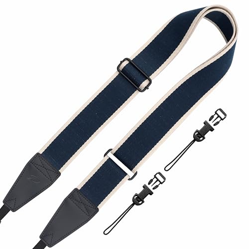 Image of Padwa Lifestyle Extra Long Adjustable Camera Strap for Photographers - 2 inch Wide Full Grain Cowhide Leather Ends Camera Straps with Quick Release for All Cameras,Binoculars(Stripe Blue White)