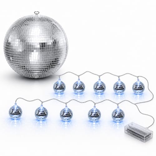 Bola espejada de 16 pulgadas Youdepot y luces de cuerda para bolas espejadas, decoración plateada para bodas, Navidad, fiestas y habitaciones miniatura 1
