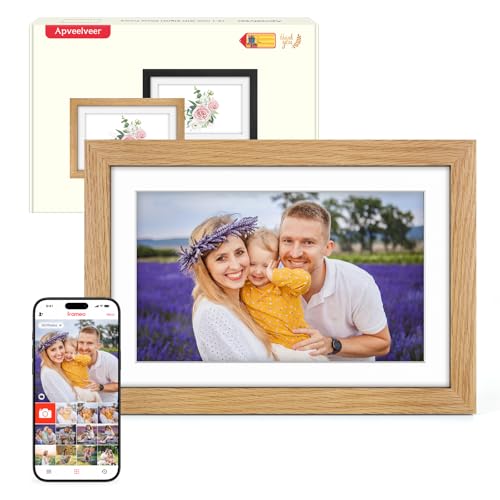 Digital Photo Frame WiFi Oak Wood Frame Frameo Digital Picture Frame 10.1 Inch 32GB Memory 1280 * 800 HD IPS Touchscreen Auto-Rotate Share Photos Videos via Frameo APP Gifts for Women/Men