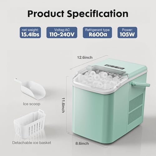 Sweetcrispy Countertop Ice Maker with Scoop, Basket and Handle, Portable Ice Machine 9 Ice Cubes Ready in 6 Mins, 26.5lbs in 24Hrs, 2 Sizes for Home Kitchen Office Bar Party, Green