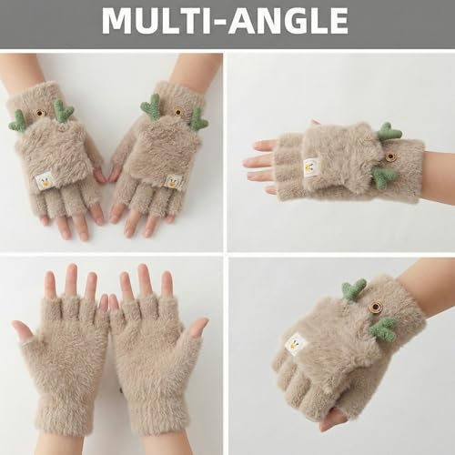 Image of Kraptick Women's Cute Reindeer Plush Convertible Fingerless Gloves - Winter Warm Fluffy Flip-Top Mittens - Korean Style Soft Hand Warmers for Girls & Ladies (Free Size, White)-3