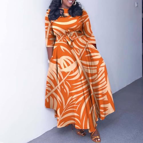 Image of BFFBABY Women's Wrap V Neck Plus Size Maxi Dresses 3 /4 Sleeves Chain Floral Printed Swing Dress with Belt