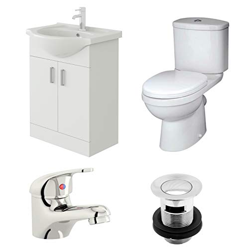 Suite de baño con lavabo de 550 mm, moderno inodoro con acoplamiento cerrado y elegante mezclador monomando con residuos, elegante actualización de baño