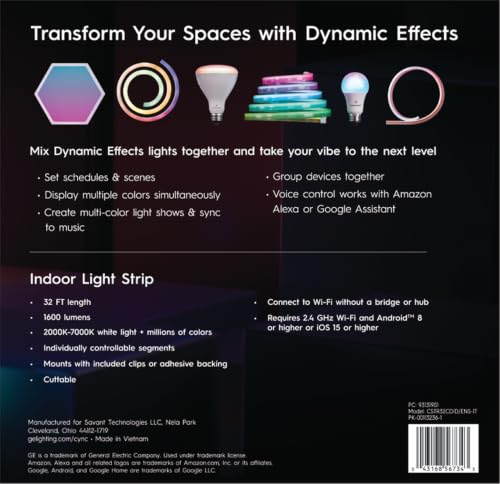 Image of Cync GE Dynamic Effects RGB Smart LED Strip Lights, Music Sync, 32ft | Color changing WiFi strip, music sync, Alexa & Google Home compatible, bedroom ambiance, indoor, 32ft with power supply