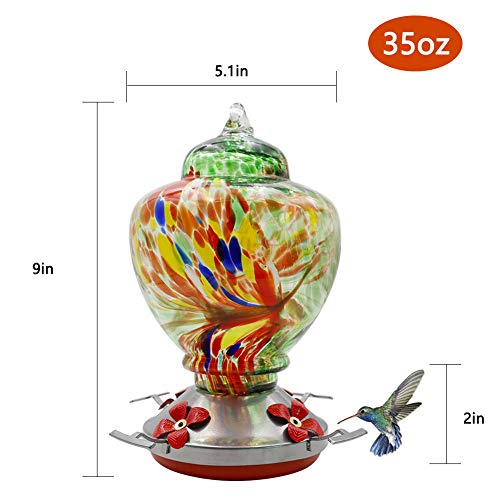 Pop Your Dream Hand Blown Glass Hummingbird Feeder for Outdoors, Window, Garden, Backyard Decorative - Easy to Clean & Fill, 35 Ounces Nectar Capacity