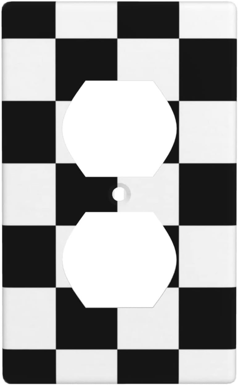 Black White Race Checkered Flag Pattern Duplex Outlet Cover Wall Plate/Switch Decor Standard Size - 4.50" X 2.76"