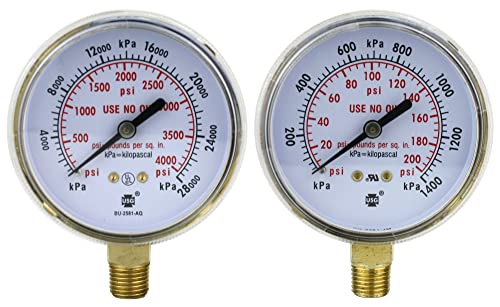 High and Low Pressure Gauge for Heavy-Duty Oxygen Regulators 0-4000 psi & 0-200 psi - 2.5 inches - Thread: 1/4