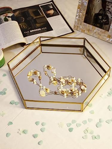 Image of Hexagon Glass Mirror Tray with Brass Rim and Mirror Base, Makeup Tray for Home Decor Jewelry Organiser, Vanity Organizer for Accent Table (10x10x1.5 inches)