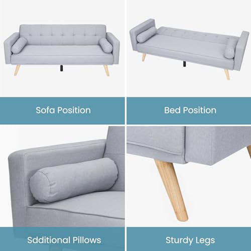 CROWNSHOP 3 Seater Sofas Modern Sofa Beds with Wooden Legs Adjustable Angle Sofas & Couches With 2 Armrests for Living Room/Spare Room/Guest Room Light Gray - Image 6