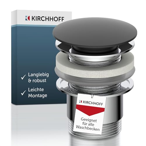 KIRCHHOFF Universal Waschbecken Ablaufgarnitur, Pop Up Waschbeckenstöpsel, Ablaufventil mit Überlauf, Abfluss Stöpsel für Badezimmer Waschbecken & Waschtisch, 98807420, Schwarz matt/Chrom., 6.99 €