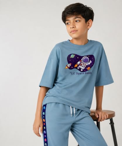 Image of SHODOX Boys Poly Blend Relaxed Fit Co-Ord Set | Printed T-Shirt & Track Pants | Soft Breathable Stylish Summer Casual Comfort Wear for Boys