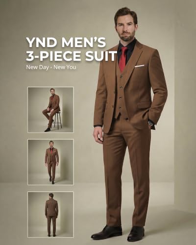 Image of YND Men's 3 Piece Suit with Tie, Solid Color Slim Fit Jacket Vest and Pants