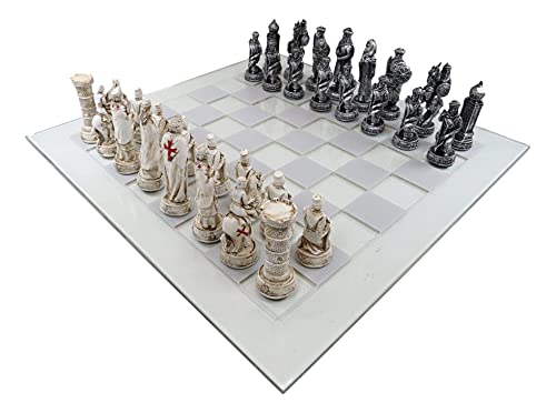 Ebros Gift Crusader Knights of The Cross Christian VS Muslim Saladin Ottoman Empire Set de Ajedrez con Piezas de Resina Pintadas a Mano y Tablero de Vidrio de 15"x15" miniatura 1