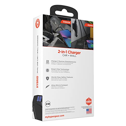 HyperGear Hybrid 10W Dual USB Car & Wall Charger with Foldable Prongs, Charge Two Devices at Once, Compact and Portable for Home, Office & Traveling, Compatible for iPhone, Galaxy & More [Black] 15643