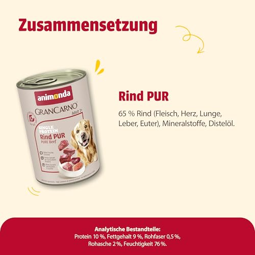 animonda GranCarno Hunde Nassfutter Single Protein Rind pur (6 x 400g), getreidefreies Hundenassfutter ohne Zucker, für ausgewachsene Hunde, mit frischem Rindfleisch und Innereien
