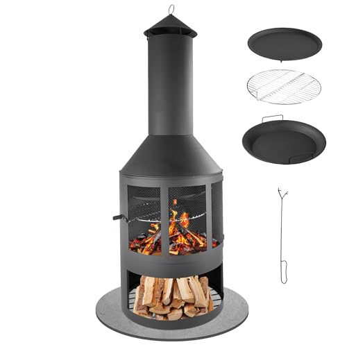 'LEMODO Gartenkamin mit Grillrost und Pfanne, Outdoor-Kamin 136 cm mit Funkenschutztür, Grillkamin für Holz mit Schornstein,...