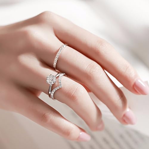 Travel Engagement Rings for Women Fake Engagement Rings Silver Engagement Ring Enhancer Bridal Wedding Rings Set Cubic Zirconia Engagement Rings for Wedding Jewelry Gifts Promise Rings for Her2