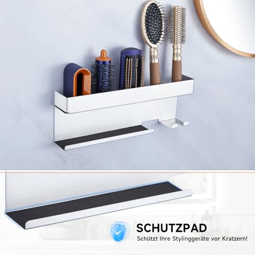 YYBO Föhnhalter Wand Ohne Bohren, Glätteisen Halterung, Föhn Halterung für Glätteisen Lockenstab Styler Zubehör Aufbewahrung, Fönhalter Wandhalterung, Fönhalterung Bad Lockenstabhalterung (Silber)