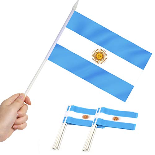 Anley Argentina Mini Flag 12 Pack - Hand Held Small Miniature Argentine Flags on Stick - Fade Resistant & Vivid Colors - 5x8 Inch with Solid Pole & Spear Top