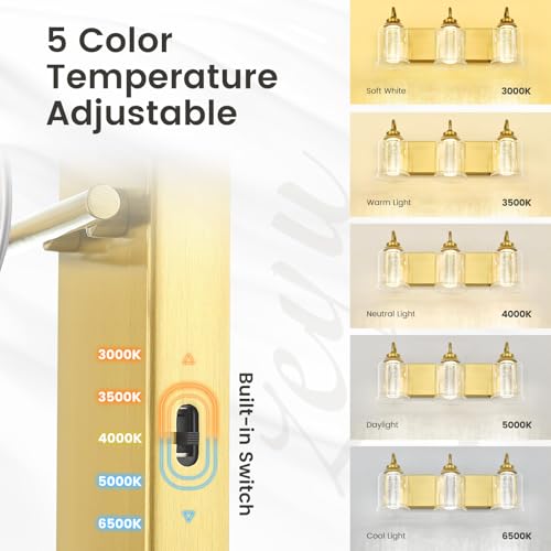 Image of zeyu 21 Inch 3 Light Bathroom Wall Light Fixtures, 18W Crystal LED Bathroom Light with 5 Color Modes, Brushed Gold Finish with Crystal Bubble and Clear Glass, ZSL72B-3W LED BG