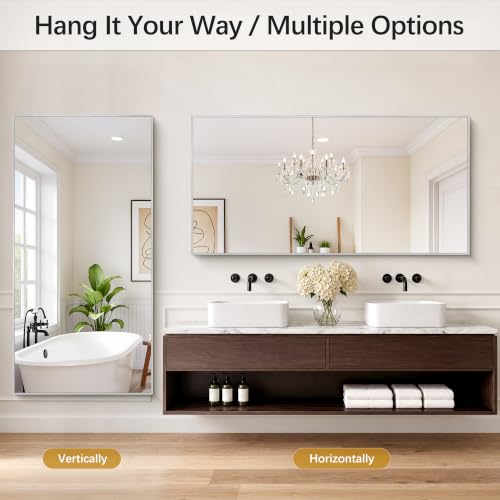 Image of DESBING 30 inch x 60 inch Bathroom Mirror, Silver Metal Frame Wall Mirror | HD Image,Shatterproof Decorative Rectangular Vanity Mirror for Bedroom Bathroom Living Room Entryway Horizontal or Vertical