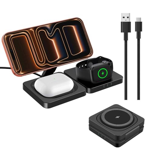3 in 1 Wireless Charging Station for Mag-Safe Charging, 15W Fast Magnetic Wireless Charger Stand Foldable for iPhone 17 16 15 14 13 12 Pro Max/Plus/Plus/Mini,Air Pods,Apple Watch Series, Black