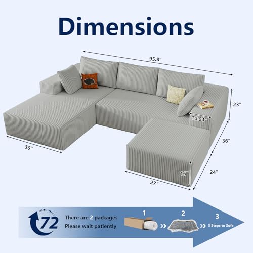 Image of 96 inch Modular Sectional Sofa with Ottoman, Modern Corduroy Cloud Couch with Deep Seat, Boneless Couch Upholstered 3-Seater U-Shaped Sofa for Living Room, No Assembly (Light Grey, Left-Facing Chaise)