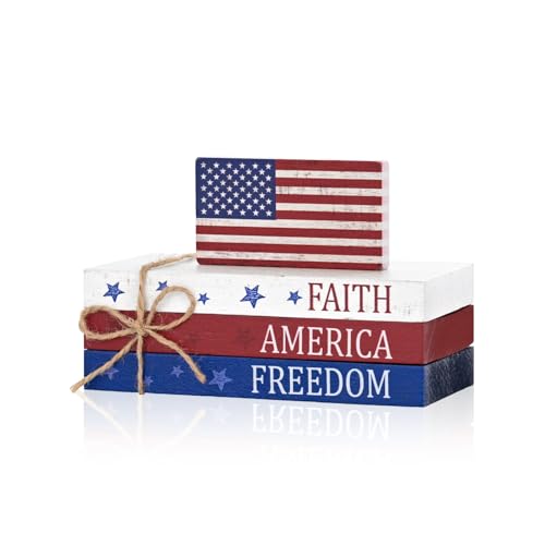 Smile Patriotic Wooden Block Stack with American Flag Decor, 4-Piece "Faith America Freedom" Tiered Tray Tabletop Sign for 4th of July & Memorial Day