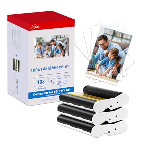 KP-108IN Compatible con Canon 3115B001(AA): 3 Cartuchos de tinta + 108 Hojas de papel foto (100 x 148 mm) - Apto para impresoras Selphy CP1300, CP1500, CP1200, CP1000, CP910, CP820 y papel fotográfico