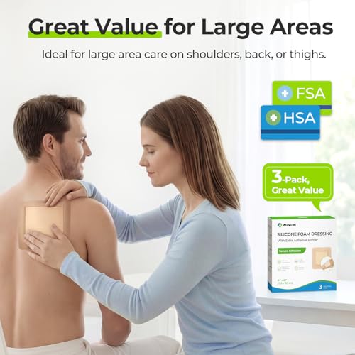 Image of AUVON Silicone Foam Dressing with Large Adhesive Border, 6 inch x 6 inch Waterproof Wound Care Pads with High Absorbency, Silicone Wound Bandage for Pressure Ulcer, 3 Packs, FSA /HSA Eligible