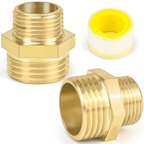 CONJURAIDE 2 Stück Reduzierung 1/2 auf 3/8 Messing Reduzierung Reduziernippel Reduzierstück Rohrverbinder Doppelnippel Adapter 1/2 auf 3/8 zoll Wasser mit 2m Gewindedichtband für Rohranschluss