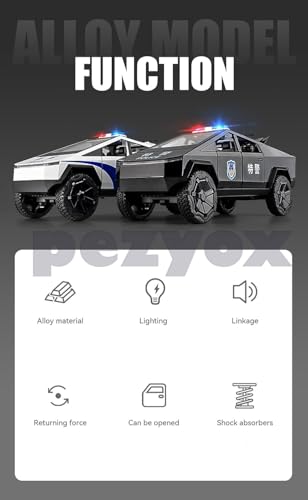 Image of 1:24 Scale Die-Cast CyberTruck Police【Free Wheel】 with 6 Openable Doors,Steerable Tyres,Working Horn,Working Lights (Black)