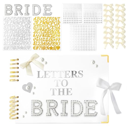 11 x 8 pulgadas Letras a la novia, álbum de recuerdos de boda, álbum de recortes de papel en blanco, borde incrustado dorado, letrero con calcomanías de perlas, letras metálicas, lazos (blanco cálido)