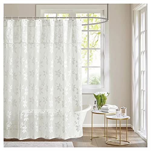 Estmy Vintage Boho White Sheer Shower Curtain With Attached Pompom Valance Set For Bathroom, Shabby Chic French Cottage Elegant Cute Floral Embroidery Lace Shower Curtain With Hooks Bathroom Decor #TOP1