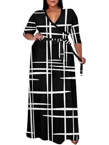 Image of PinkPatty Women's Plus Size Maxi Dress Print 3 /4 Sleeves V Neck Party Sundress Wedding Guest Dresses