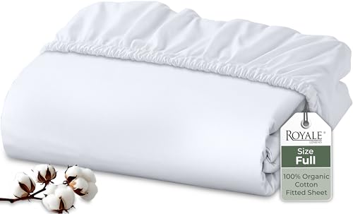 Royale Linens 100% Organic Cotton Fitted Sheet - Percale Weave - Super Soft Deep Pocket Bottom Sheets - White Elastic Sheet Full Size - Full Fitted Sheets Only - (54