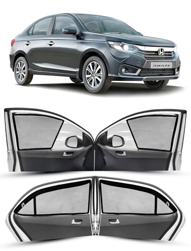 Image of Autofact Magnetic Car Sunshades Compatible with Honda Amaze (2018 to 2024) (Set of 4) - Easy Installation, UV Protection (Front 2 Half-Cut for Side Mirror Visibility, Rear 2 with Zippers)