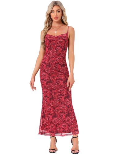 Image of Allegra K Women Wedding Guest Mesh Floral Spaghetti Strap Dress