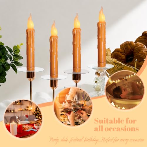 Image of Real Wax LED Flameless Fall Short Taper Candles with Remote, 6.7 Inches Orange Candlesticks, Dripless Battery Operated Flame Rustic Primitive Flameless Lights Fall Decor, Pack of 2