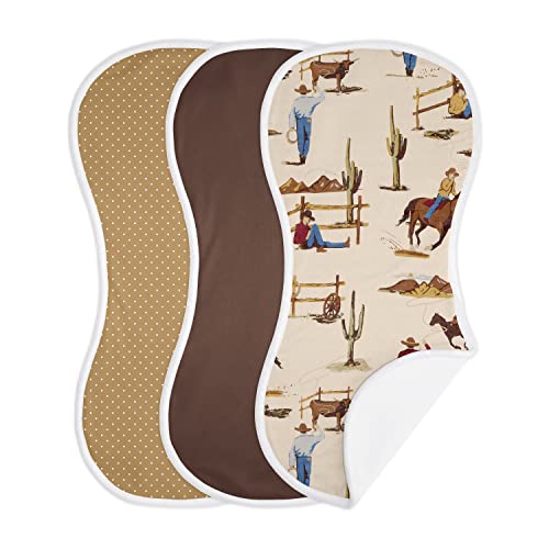 Image of Sweet Jojo Designs Western Cowboy Baby Boy Absorbent Burp Cloths for Infant Newborn - Red Blue Tan Chocolate Brown and White Wild West Southern Country Horse - 3 Pack Set of Dribble Drool Cloths