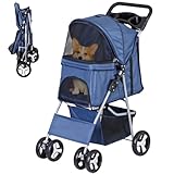 ZENY Foldable Pet Stroller, Cat/Dog Stroller with 4 Wheel, Pet Travel Carrier Strolling Cart with Storage Basket, Cup Holder (Navy Blue)