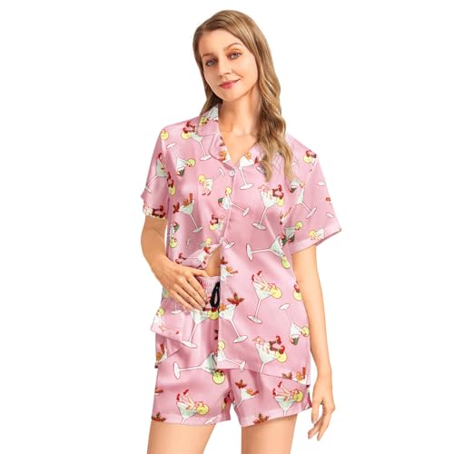 Image of Funny Pajamas for Women Set Print Satin Loungewear Pjs Short Sleeve Button Down Top and Shorts Sets Sleepwear XS-3XL