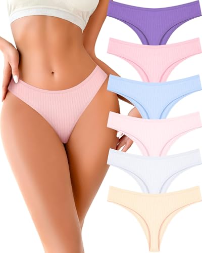 Image of FINETOO Cotton Thongs for Women Soft Low Rise Sexy Thong Ladies Panties Womens Underwear 6 Pack XS-XXXL