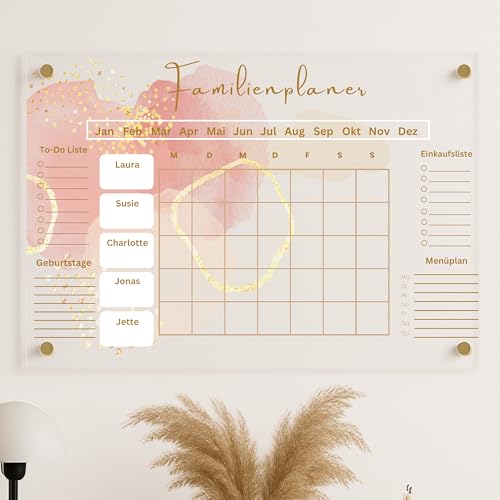 EmiliaLotte Personalisierter Familienplaner aus hochwertigem Acryl I Abwischbarer Wand Kalender für die ganze Familie I Wiederverwendbarer Monatsplaner mit Einkaufsliste, Menüplan & Mehr - Glow