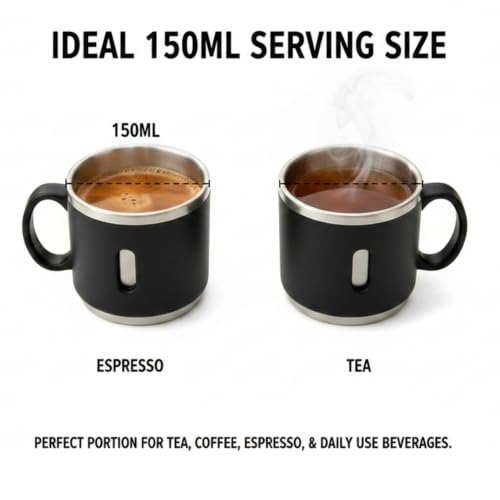 Image of Premium Stainless Steel Double Wall Coffee Mug Set of 6 (150ml Each) | Insulated Reusable Tea & Coffee Cups | Rust Resistant | Hot & Cold Drink Mugs | Gift Set for Home & Office (Black)