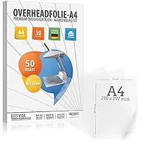 50 hojas de film transparente PEMIUM - DIN A4 transparente - Para impresoras láser, fotocopiadoras - Film OHP extragrueso - Impresión y proyección